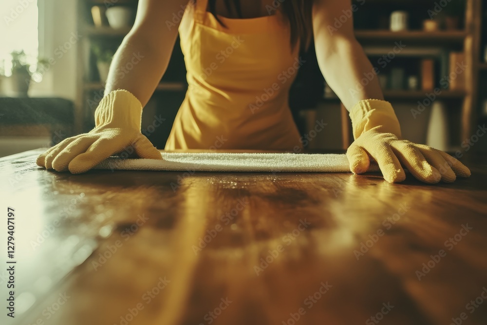Obraz premium Cleaning an oak table with yellow gloves in a warm, sunlit room during a cozy afternoon