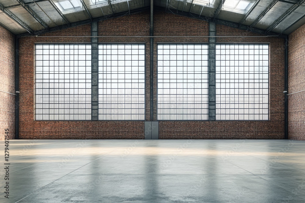 Contemporary large hangar interior with empty brick wall. AI generated illustration Contemporary large hangar interior with empty brick wall. AI generated illustration