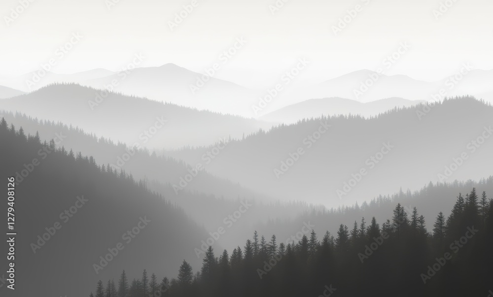 Serene misty mountains at dawn Serene misty mountains at dawn