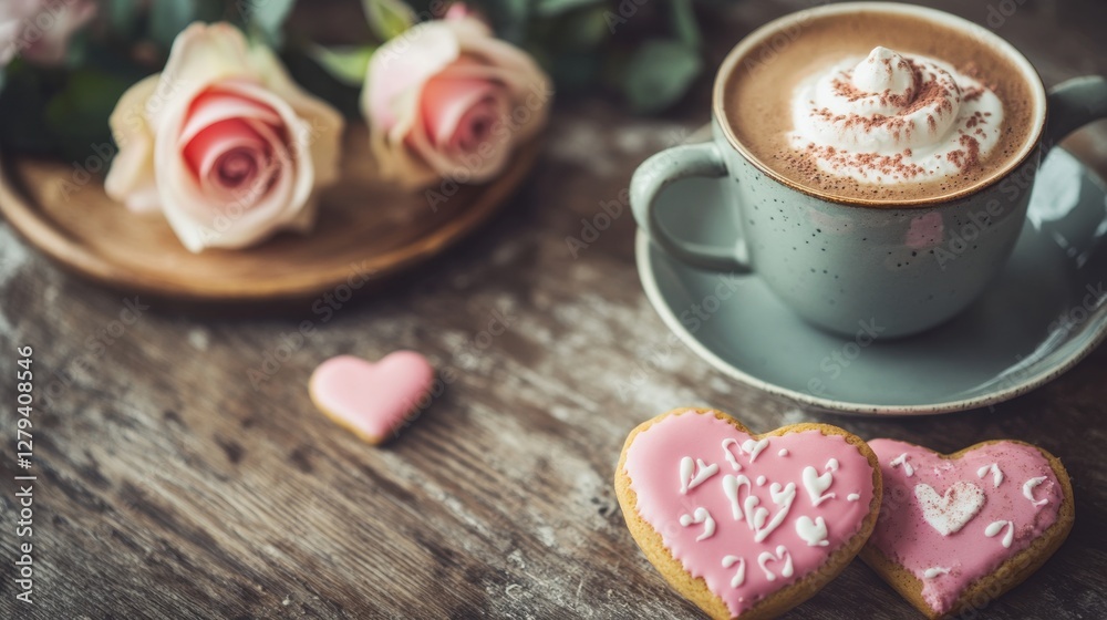 A cozy cafe table set for two, featuring heart-shaped cookies with pink icing, a cup of hot cocoa with whipped cream, and a small bouquet of roses. A cozy cafe table set for two, featuring heart-shaped cookies with pink icing, a cup of hot cocoa with whipped cream, and a small bouquet of roses.