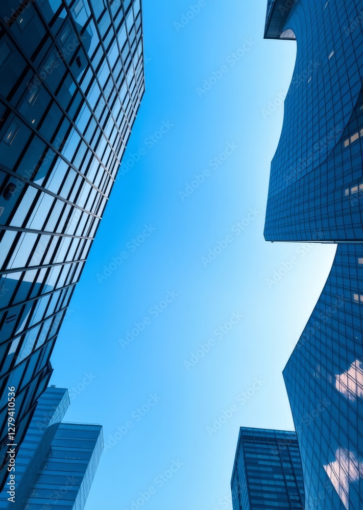 Blue sky framed by tops of modern glass skyscrapers skyscraper city building skyscraper downtown business architecture cityscape