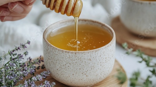 A hand pours honey from a wooden dipper into a speckled ceramic cup, surrounded by lavender and greenery photo