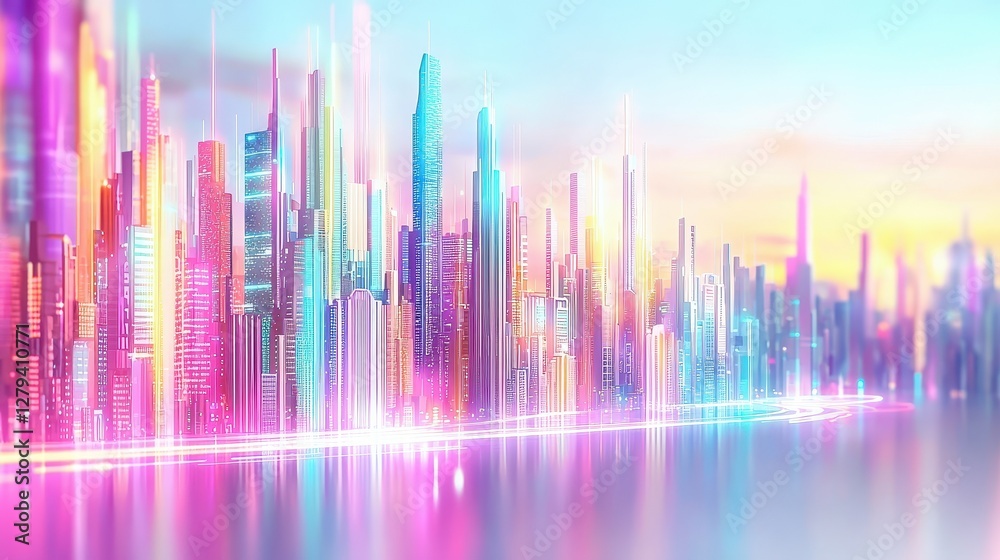 A vibrant digital skyline featuring futuristic skyscrapers illuminated in colorful hues against a serene background. A vibrant digital skyline featuring futuristic skyscrapers illuminated in colorful hues against a serene background.