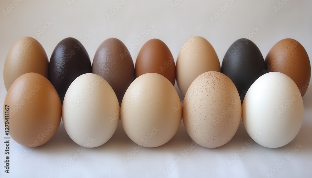 A detailed close-up showcasing a row of fresh eggs arranged neatly on a clean white surface, highlighting their smooth textures and natural colors. A detailed close-up showcasing a row of fresh eggs arranged neatly on a clean white surface, highlighting their smooth textures and natural colors.