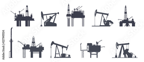 Oil platform silhouette. Petroleum rig sea platforms, gas fuel industry logo jack derrick tower well extraction crude exploration drilling construction set neat vector illustration