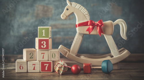Wooden toys collection with educational blocks and rocking horse
