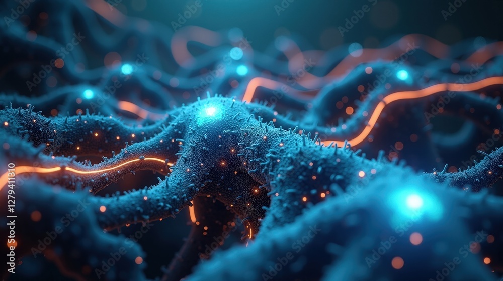3D Rendering of an expanding neural network, glowing synaptic connections interlacing, bioluminescent tendrils pulsing with data, merging cyber-organic forms with holographic circuits. 3D Rendering of an expanding neural network, glowing synaptic connections interlacing, bioluminescent tendrils pulsing with data, merging cyber-organic forms with holographic circuits.