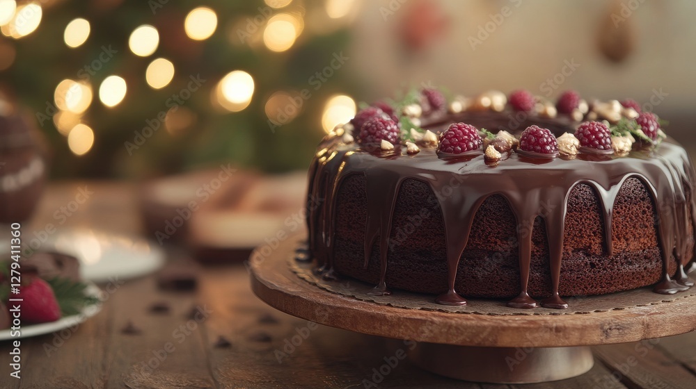 Decadent Chocolate Cake with Raspberries and Nuts on Wooden Stand Decadent Chocolate Cake with Raspberries and Nuts on Wooden Stand