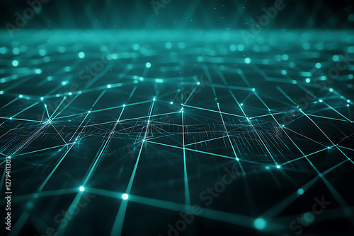 A futuristic abstract background featuring a grid of glowing triangles on a deep blue and black backdrop