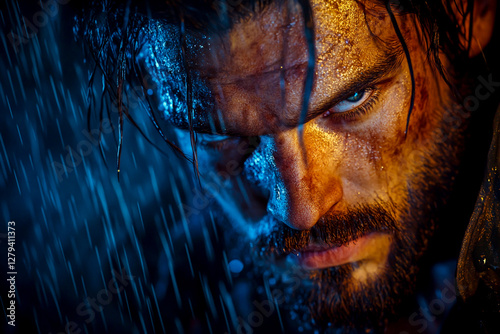 Portrait of an attractive man with a beard and hair, looking at the camera, in a frontal view, dressed as a hunter or explorer from prehistoric times