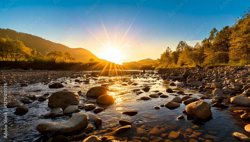 Obraz premium stones along the riverbed with water and mirror sunlight during sunset, light passes through;
