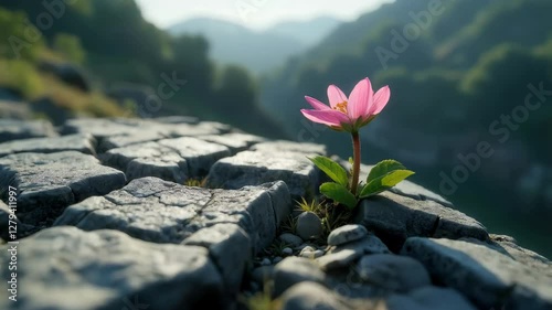 Single, delicate flower blooming on the cracked concrete of a destroyed dam. 