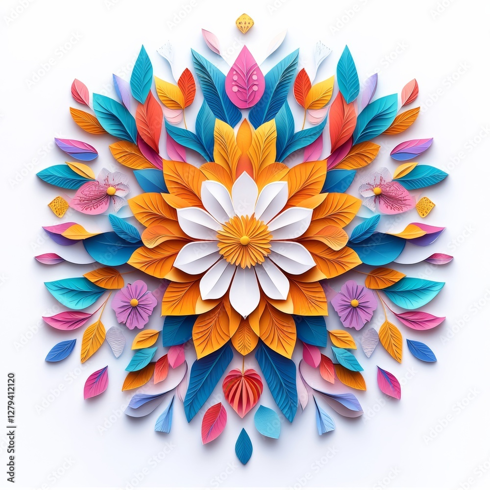 Fototapeta premium Floral Kaleidoscope: A vibrant, eye-catching floral design blooms in a kaleidoscope of color, with petals and leaves arranged in a symmetrical pattern.