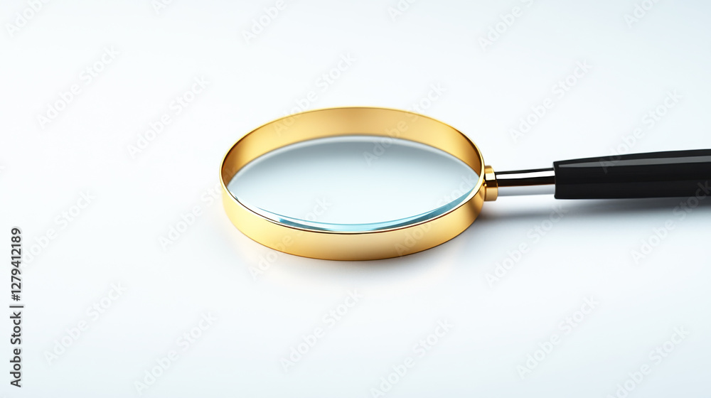Magnifying Glass for Investigation: A classic magnifying glass, gleaming with a gold frame and sleek black handle, lies at rest. Magnifying Glass for Investigation: A classic magnifying glass, gleaming with a gold frame and sleek black handle, lies at rest.