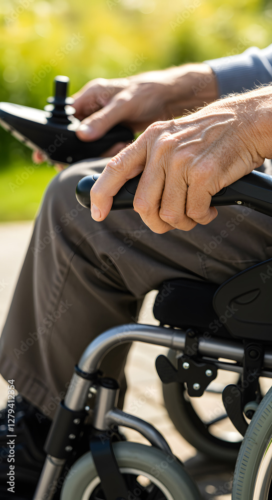 Close-up of elderly hands operating a joystick on a mobility scooter, highlighting accessibility and independence for seniors. Close-up of elderly hands operating a joystick on a mobility scooter, highlighting accessibility and independence for seniors.