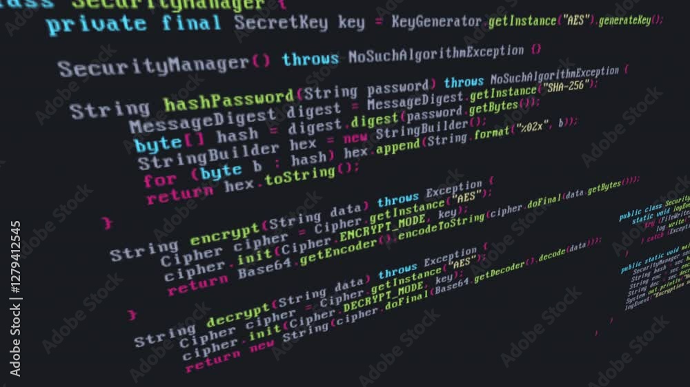Java source code animation scene opener or background with data security, protection, encrpytion and analyzing code snippets with glitch and distortion effects, concepts, ideas, 4k 