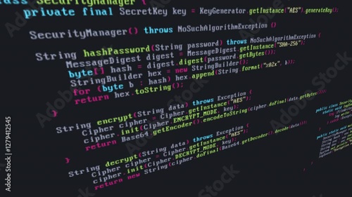 Java source code animation scene opener or background with data security, protection, encrpytion and analyzing code snippets with glitch and distortion effects, concepts, ideas, 4k 
