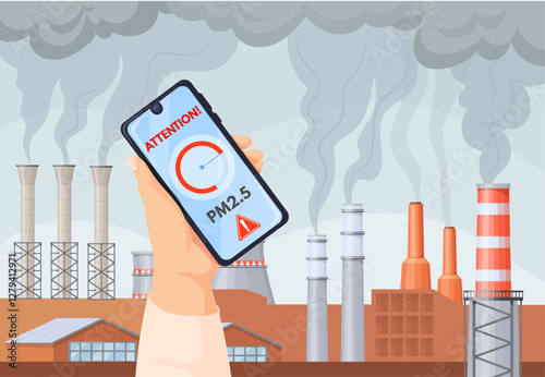 Air pollution measurement. PM2. 5 alert dust meter in smartphone mobile app, hand holding phone with warning notification dirty city polluted environment, neat vector illustration