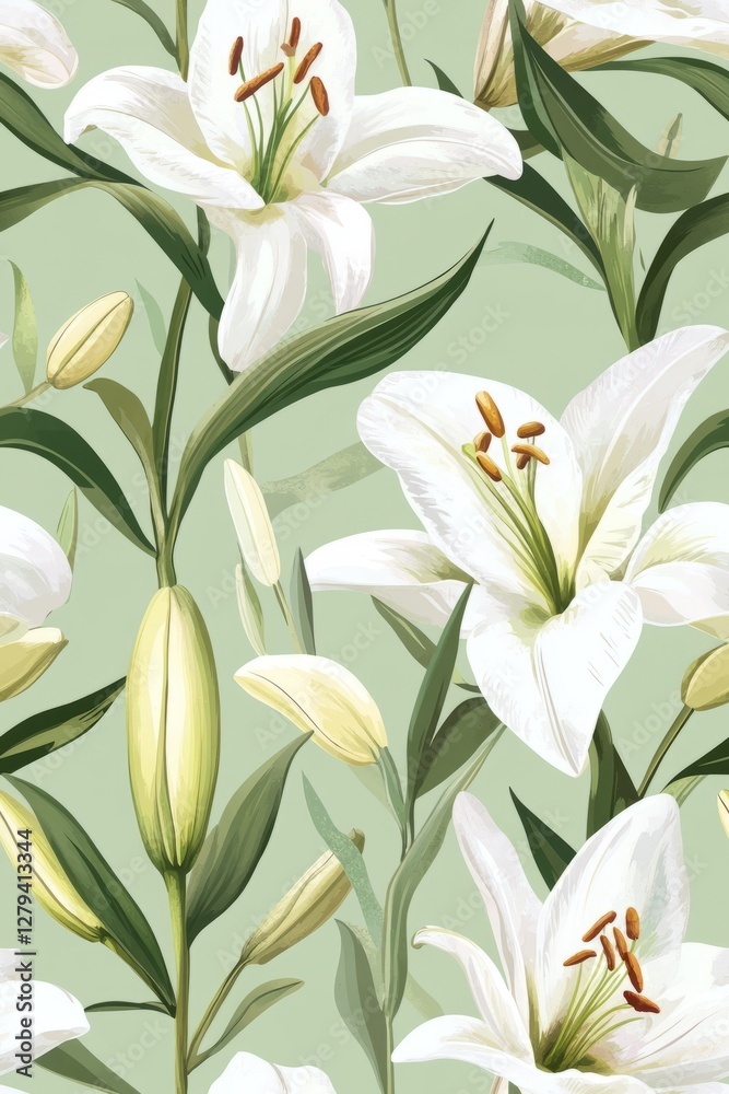 Fototapeta premium seamless pattern Vintage Easter lilies on pale green background in soft forms