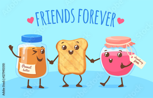 Butter bread friends. Peanut butter and jelly strawberry jam jars with sandwich toast kawaii cartoon characters kids funny cute face best buddy together, neat vector illustration