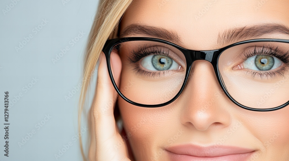 Close-up of a young woman with blonde hair wearing black eyeglasses. Soft, natural light illuminates her face. Close-up of a young woman with blonde hair wearing black eyeglasses. Soft, natural light illuminates her face.