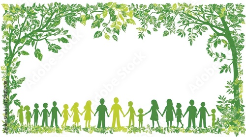 Family silhouettes framed by green foliage. Nature themed illustration.  Possible stock photo use