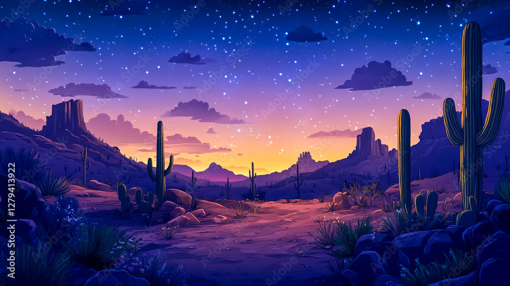Serene Desert Night A Tranquil Evening with Cacti Silhouettes and Rocky Landscapes Illuminated by the Sparkling Radiance of a Starry Sky Serene Desert Night A Tranquil Evening with Cacti Silhouettes and Rocky Landscapes Illuminated by the Sparkling Radiance of a Starry Sky