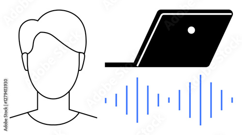 Minimalist line drawing of a faceless person, a laptop with an audio waveform. Ideal for remote work, online communication, technology, digital interaction, virtual meetings, telecommuting