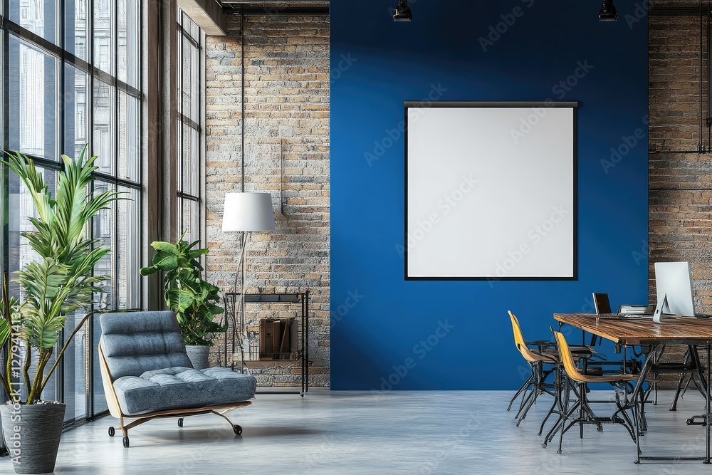 Fototapeta premium Coworking office in loft style with blank blue wall. AI generated illustration.