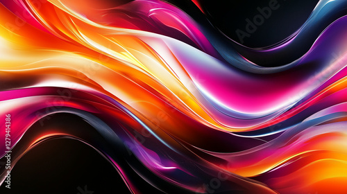 Colorful Wavy Lines Abstract Art Over Black Background