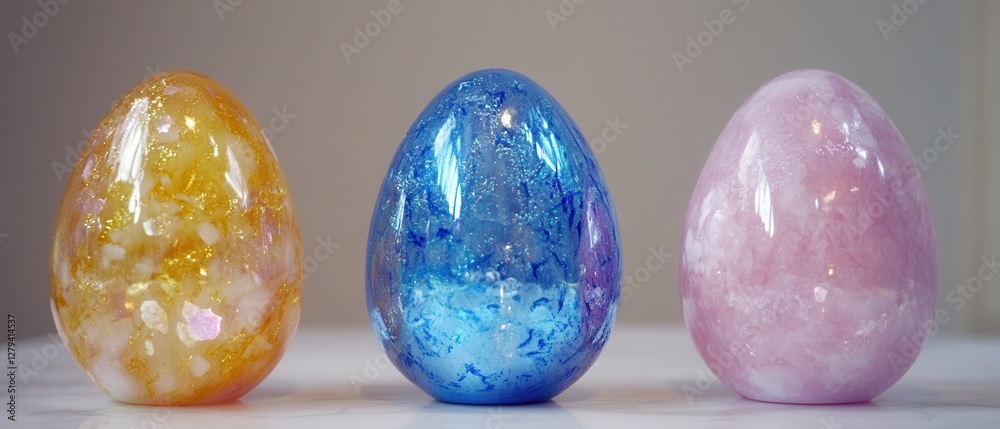 Three vibrant glass eggs arranged on a table, set against a clean white background, showcasing their intricate designs and colors. Three vibrant glass eggs arranged on a table, set against a clean white background, showcasing their intricate designs and colors.
