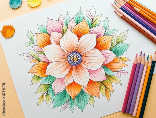 Artistic Floral Delight: A vibrant, hand-colored floral illustration, showcasing intricate details and a spectrum of colors, lies on a light surface.
