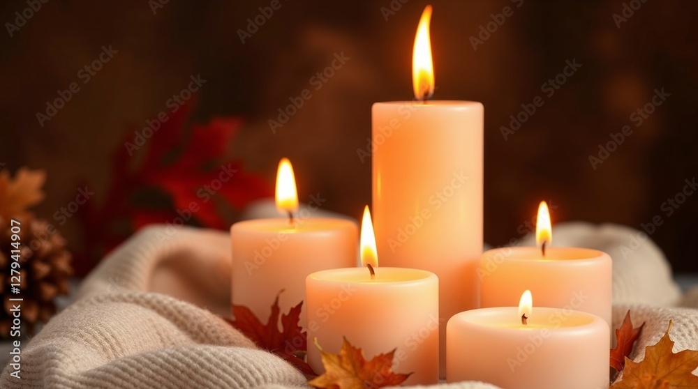Set of glowing candles with autumn leaves on textured fabric background Set of glowing candles with autumn leaves on textured fabric background