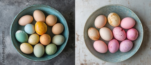 Three bowls containing eggs are displayed, with two bowls holding multiple eggs and one bowl featuring fewer eggs, showcasing a simple culinary arrangement. photo