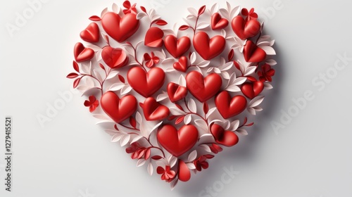 A Romantic Heart Shaped Composition of Red and White Hearts and Leaves