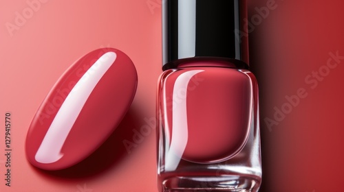 Close-up of a Coral Nail Polish Bottle and a Sample Swatch