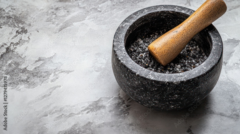 Granite mortar and pestle with seeds on speckled countertop Granite mortar and pestle with seeds on speckled countertop