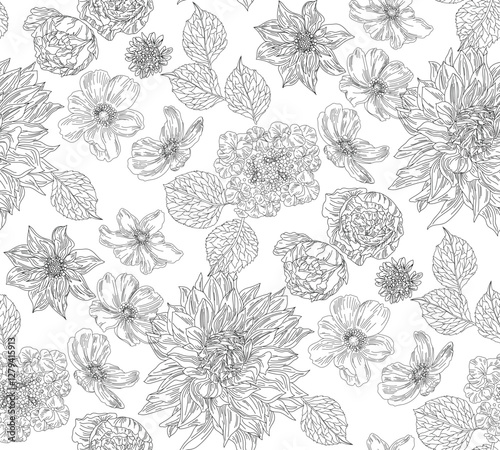 Seamless floral pattern, black on white background, floral pattern with an intricate pattern reminiscent of porcelain or fabric prints.