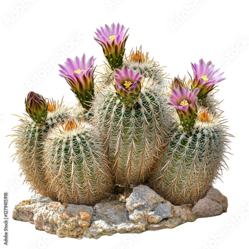 A cluster of round barrel cacti with sharp spines and pink flowers blooming on top, isolated on a transparent background.