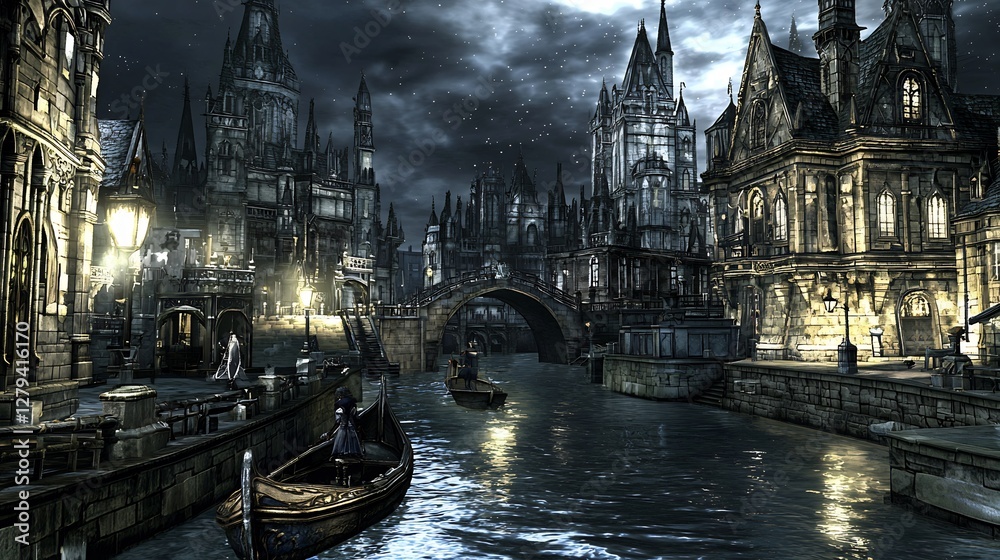 Fototapeta premium Venetian nightfall, gothic architecture and a canal under starry skies