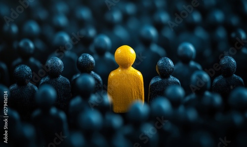 Conceptual image of a unique yellow person standing out in a sea of dark figures, representing brand differentiation and standing out from the photo