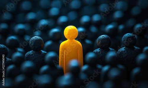 Conceptual image of a unique yellow person standing out in a sea of dark figures, representing brand differentiation and standing out from the photo