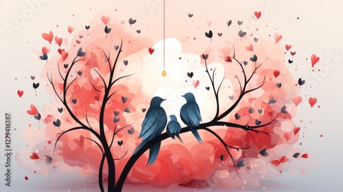 Romantic Bird Family on a Heart-Shaped Tree