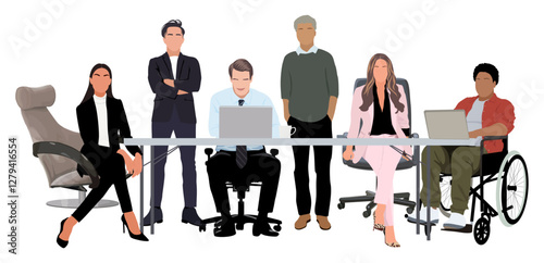 Business meeting and team work. Diverse group of people, entrepreneurs, or office workers working together. Inclusive business concept. Cartoon realistic vector illustration isolated 