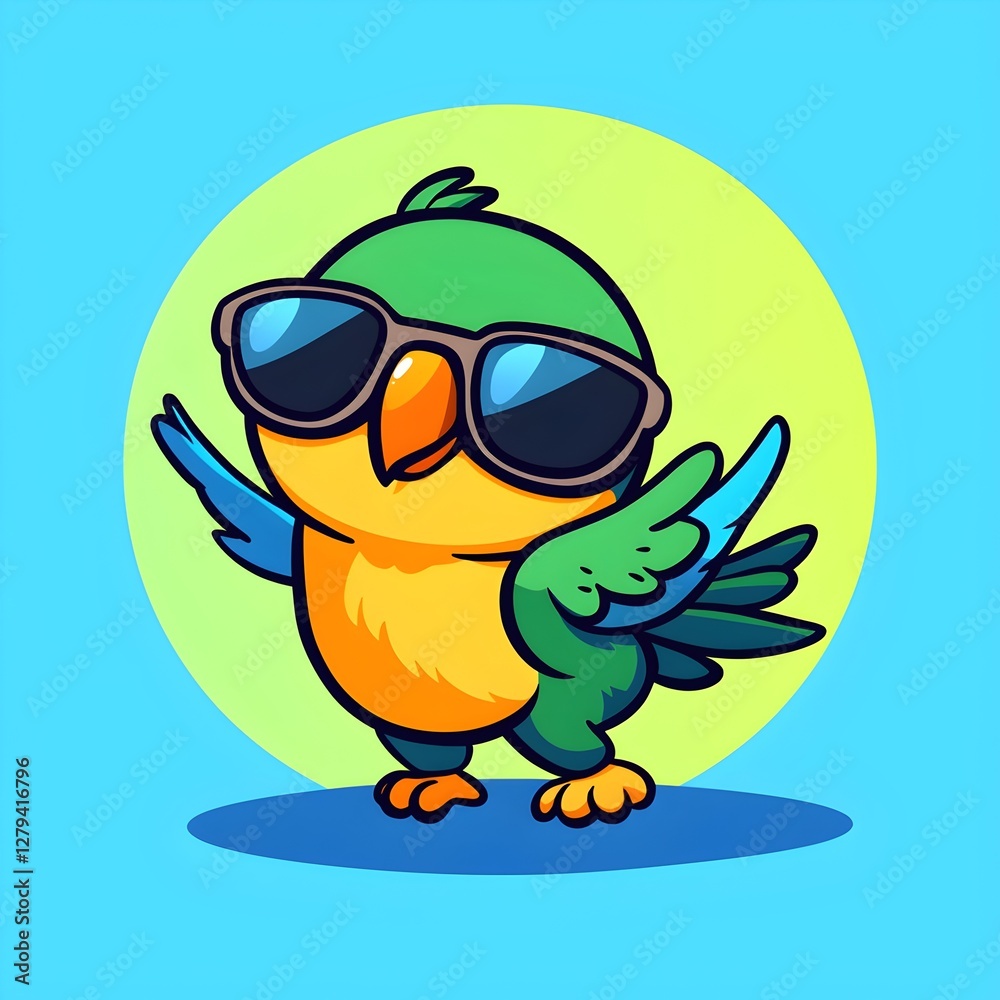 Naklejka premium Groovy Parrot Wearing Sunglasses and Dancing in Simple Color Illustration with Bold Linework