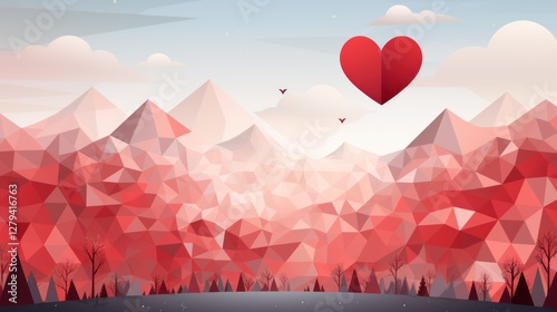 Romantic Low Poly Mountain Landscape with Heart Balloon
