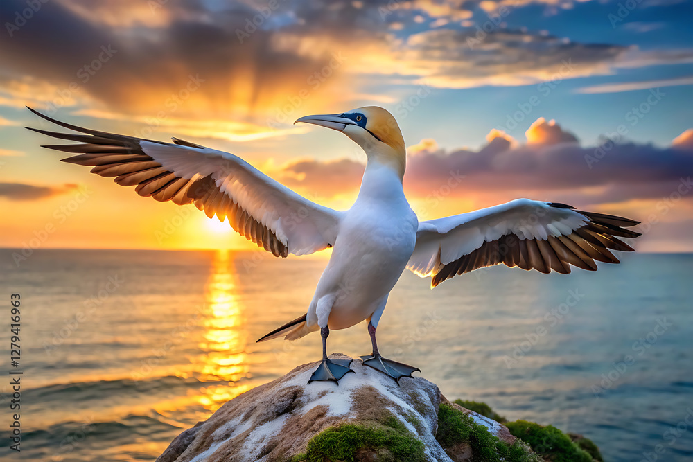 Fototapeta premium a Northern gannets stand on a rock against early evening sun set view in ocean beach 