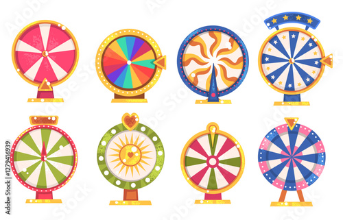 Cartoon wheels of fortune. Lucky wheel spin, roulette spinning chance lottery luck section carnival show gambling games logo money prize winner contest, classy vector illustration