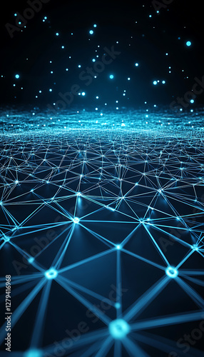 A futuristic abstract background featuring a grid of glowing triangles on a deep blue and black backdrop