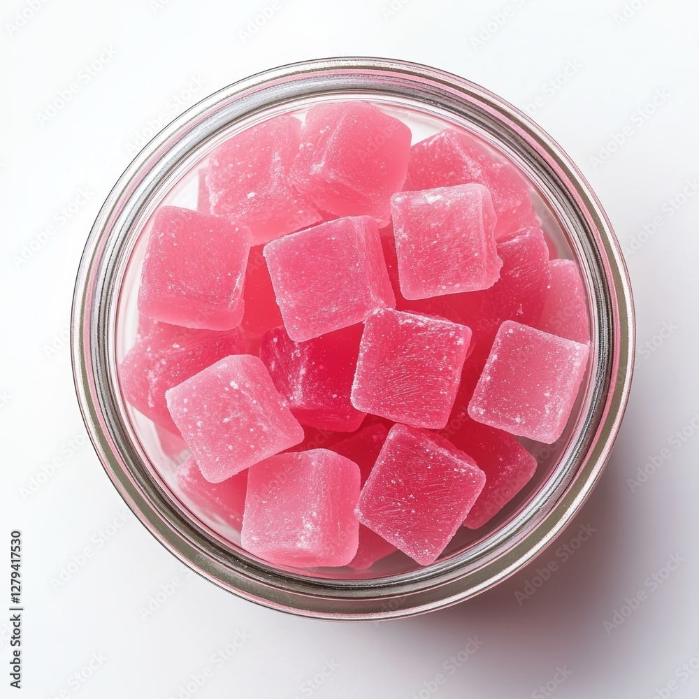 Glass jar filled with square pink sugar-coated chewy candies, top view.
Glass jar filled with square pink sugar-coated chewy candies, top view.